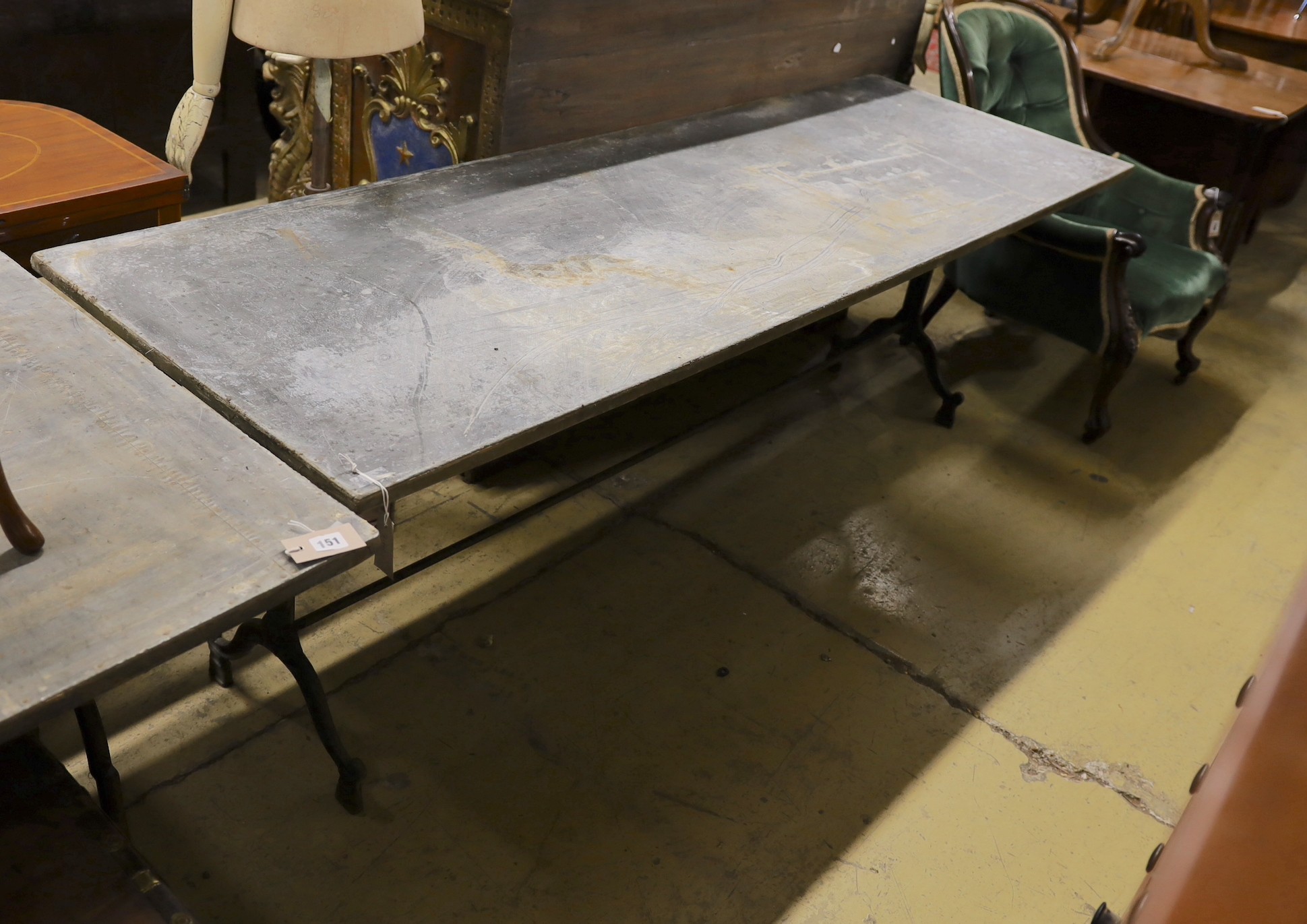 A Victorian style rectangular zinc topped cast metal garden table, length 210cm, depth 69cm, height 71cm